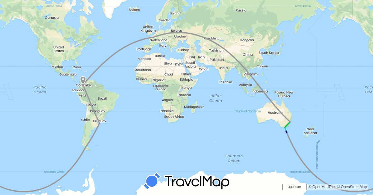 TravelMap itinerary: driving, bus, plane, boat in Australia, Chile, Colombia, France, Uruguay (Europe, Oceania, South America)